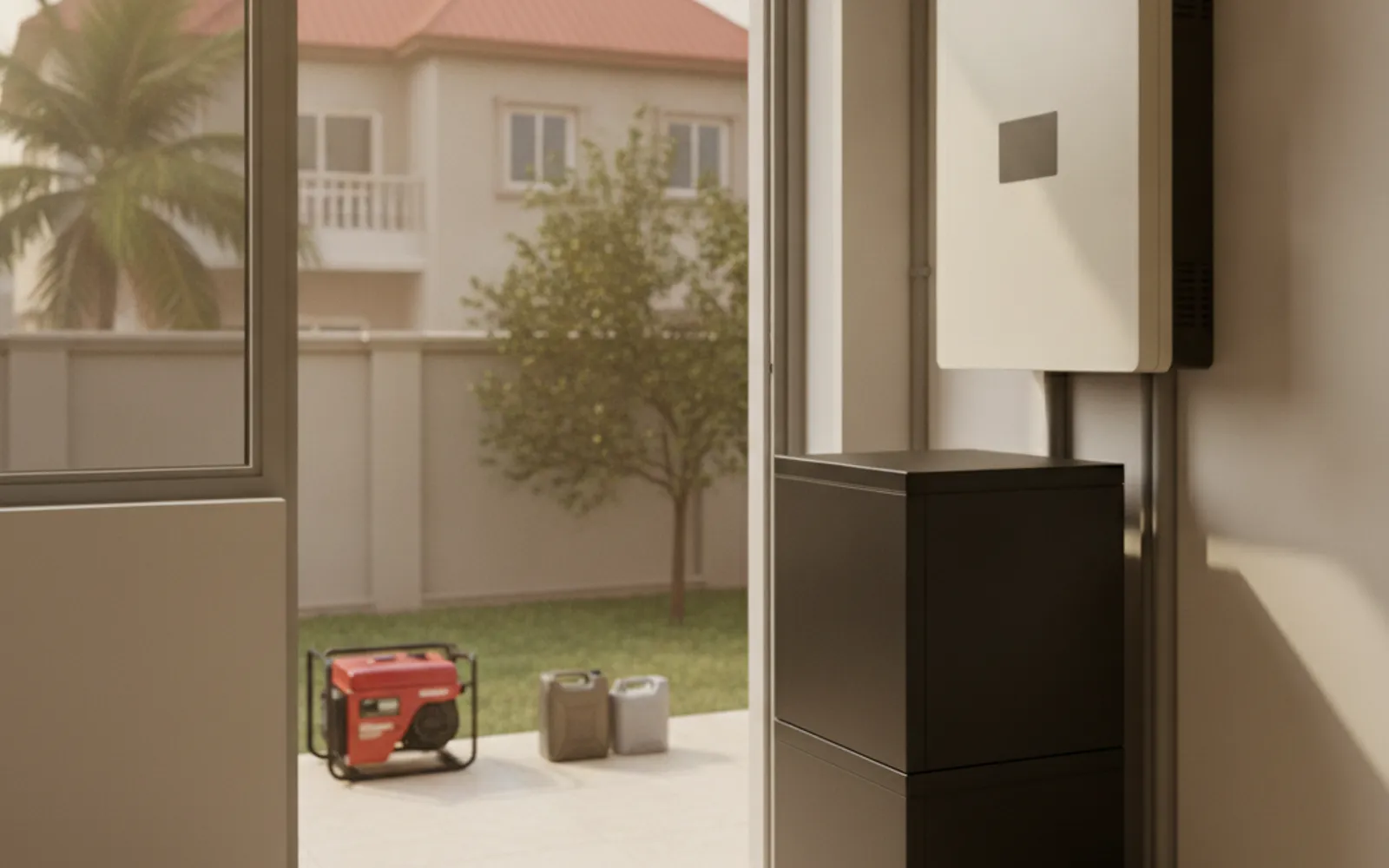 Hybrid inverter and battery bank installed on a wall