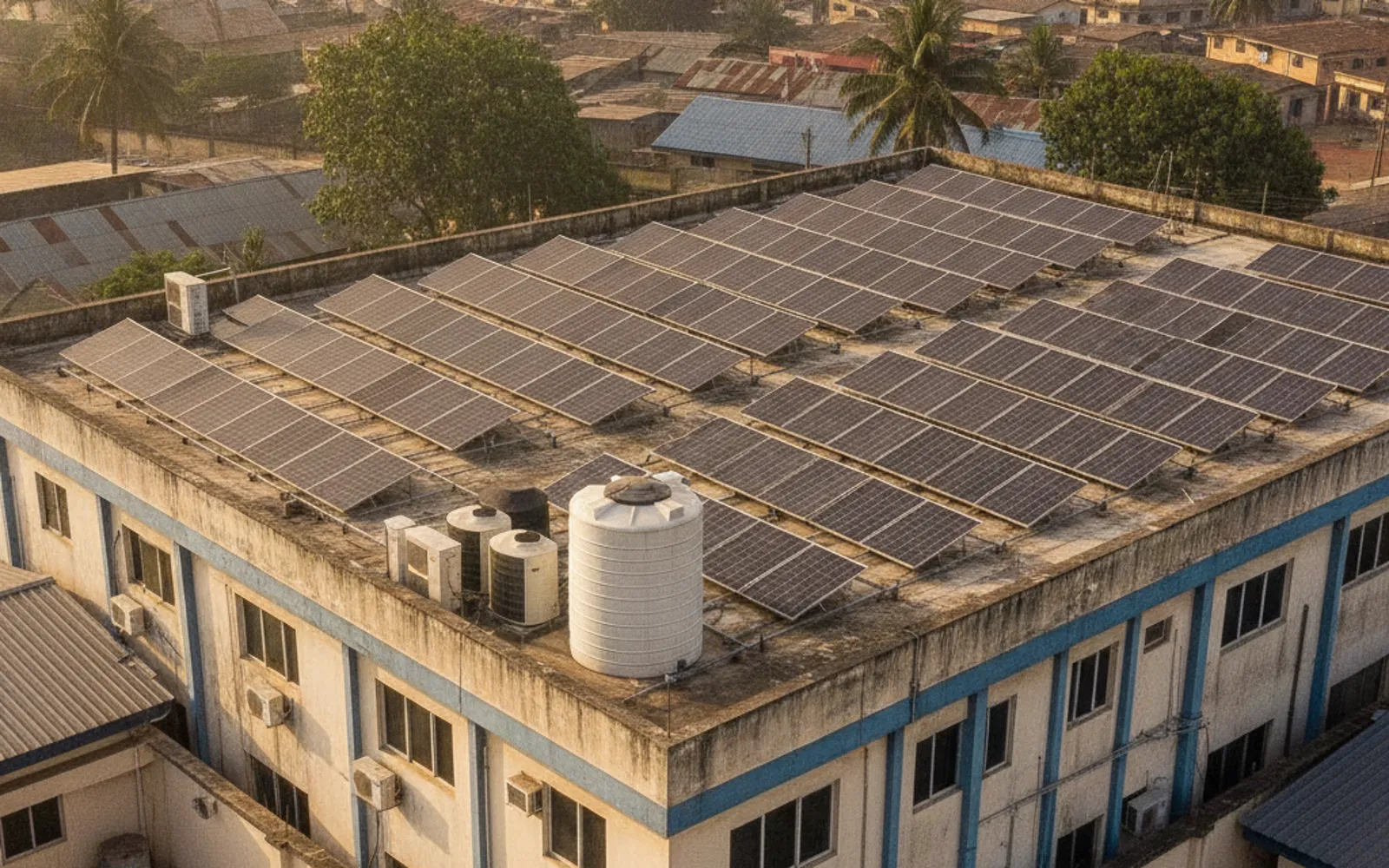 Solar panels on the roof of a small commercial building